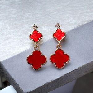 Designer Inspired Double Red Clover Gold Tone Dangle Earrings